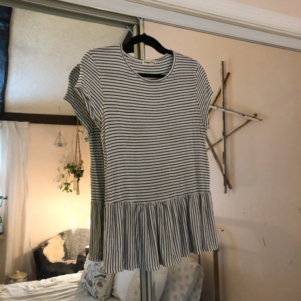Black and White Striped Short Sleeve Peplum Shirt